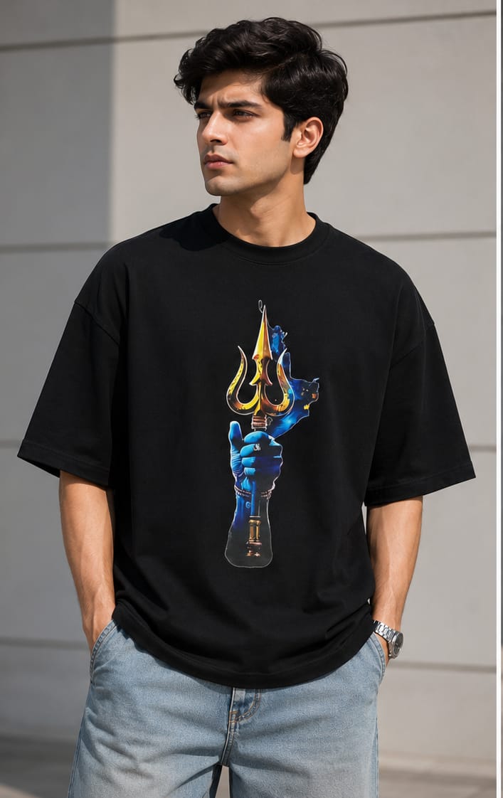 Men's Oversized Black Trishul Graphic T-Shirt